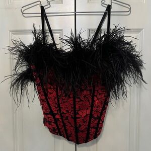 Fredrick’s of Hollywood bustier red black satin ostrich feathers are removable